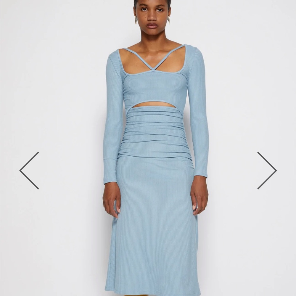 NWOT Jonathan Simkhai Maisha Shaping Rib Long Sleeve Cutout Midi Dress in Baltic - Picture 2 of 11